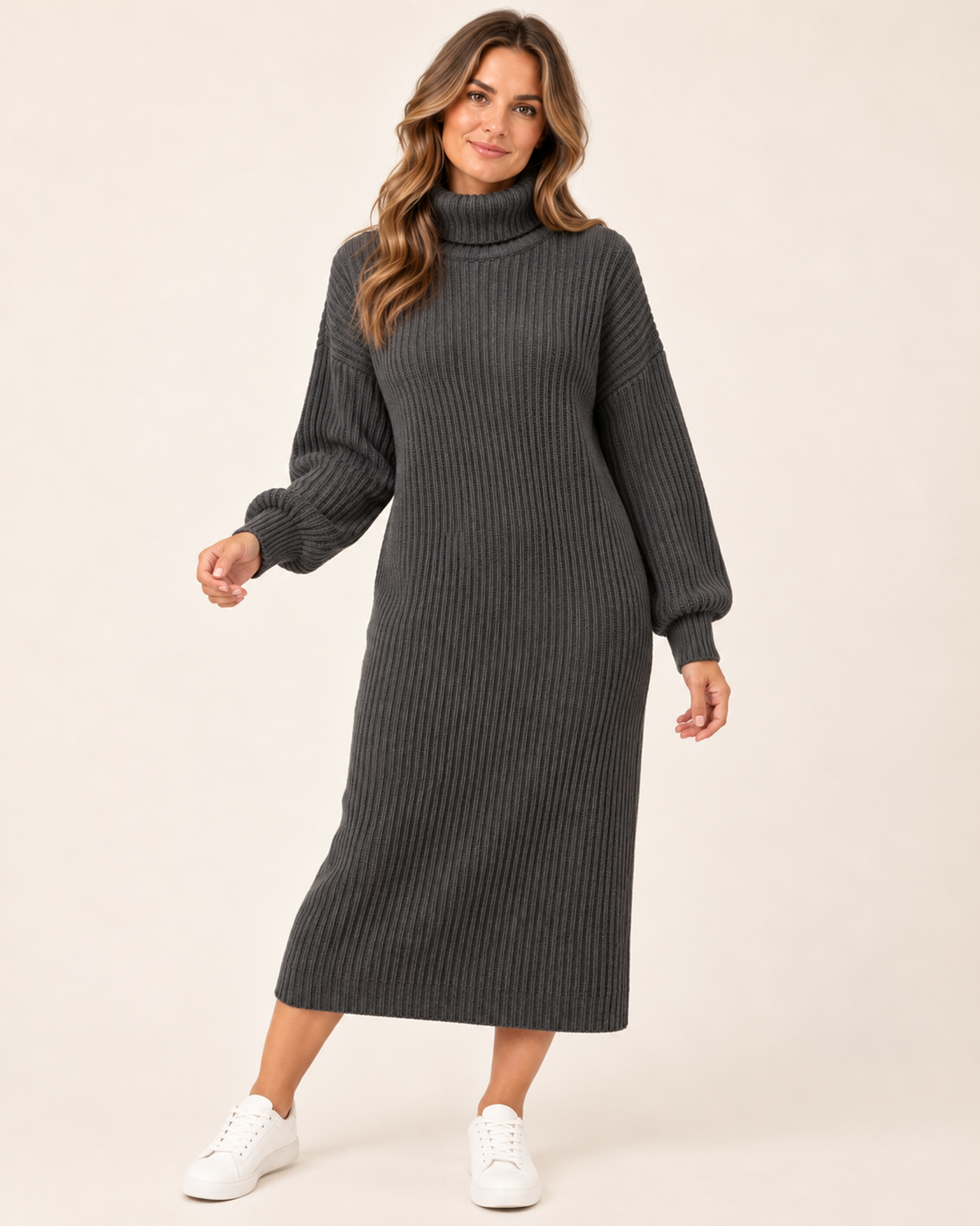 Women’s Jumper Dress with Roll Neck and Ribbed Finish in Dark Grey, full body view