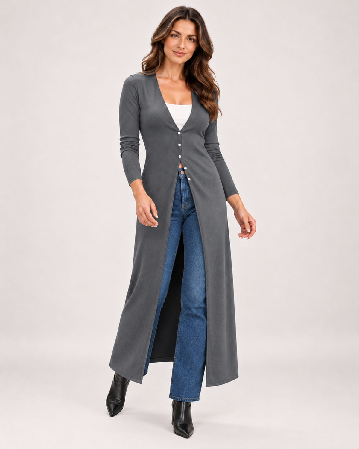 Women's Coatigan with V Neck and Longline Button Front dark grey close variant view