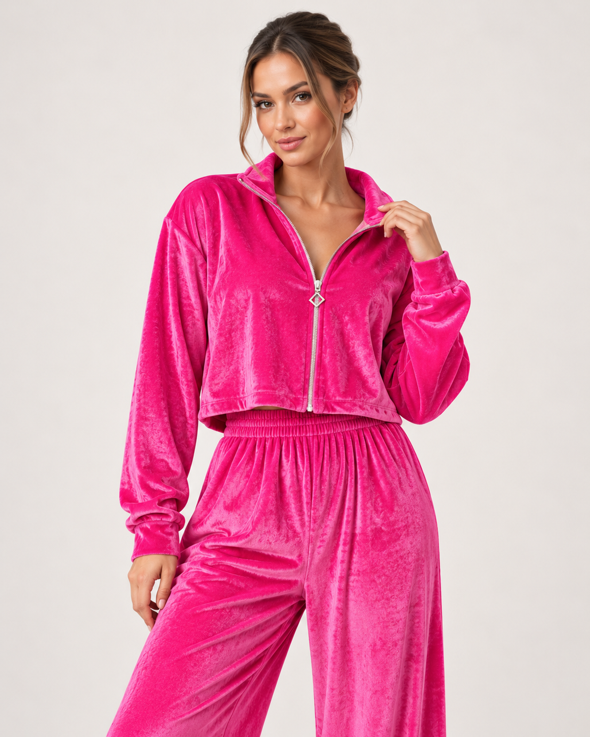 Women’s Loungewear Set with Zip Up Top and Wide Leg Trousers in Fuchsia, full body view