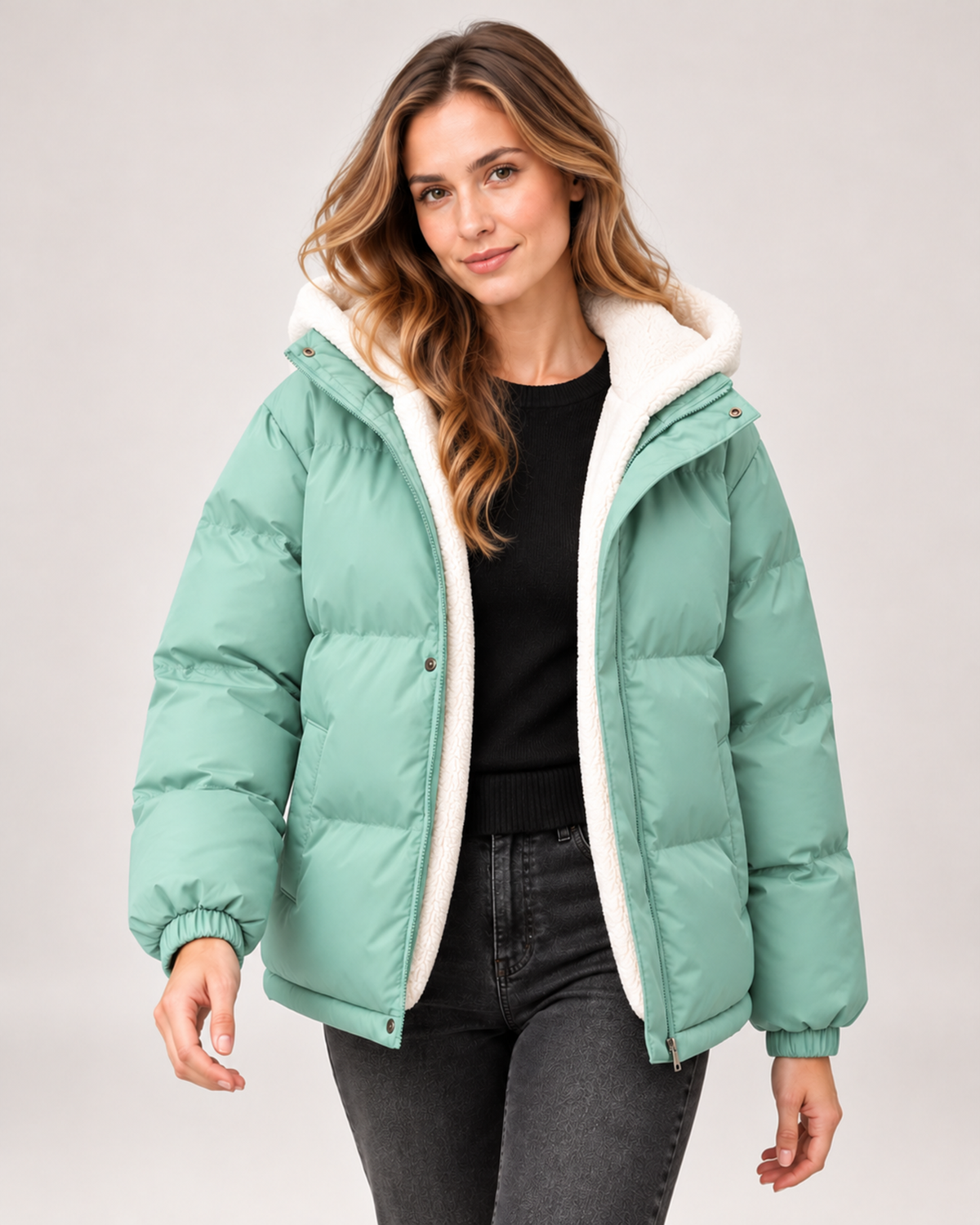 Women's Hooded Puffer Jacket with Teddy Fleece Lining green close variant view