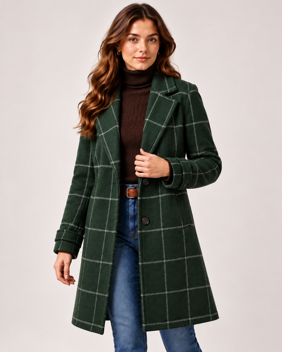 Women's Checked Coat Long Tailored Button Front Style green close variant view