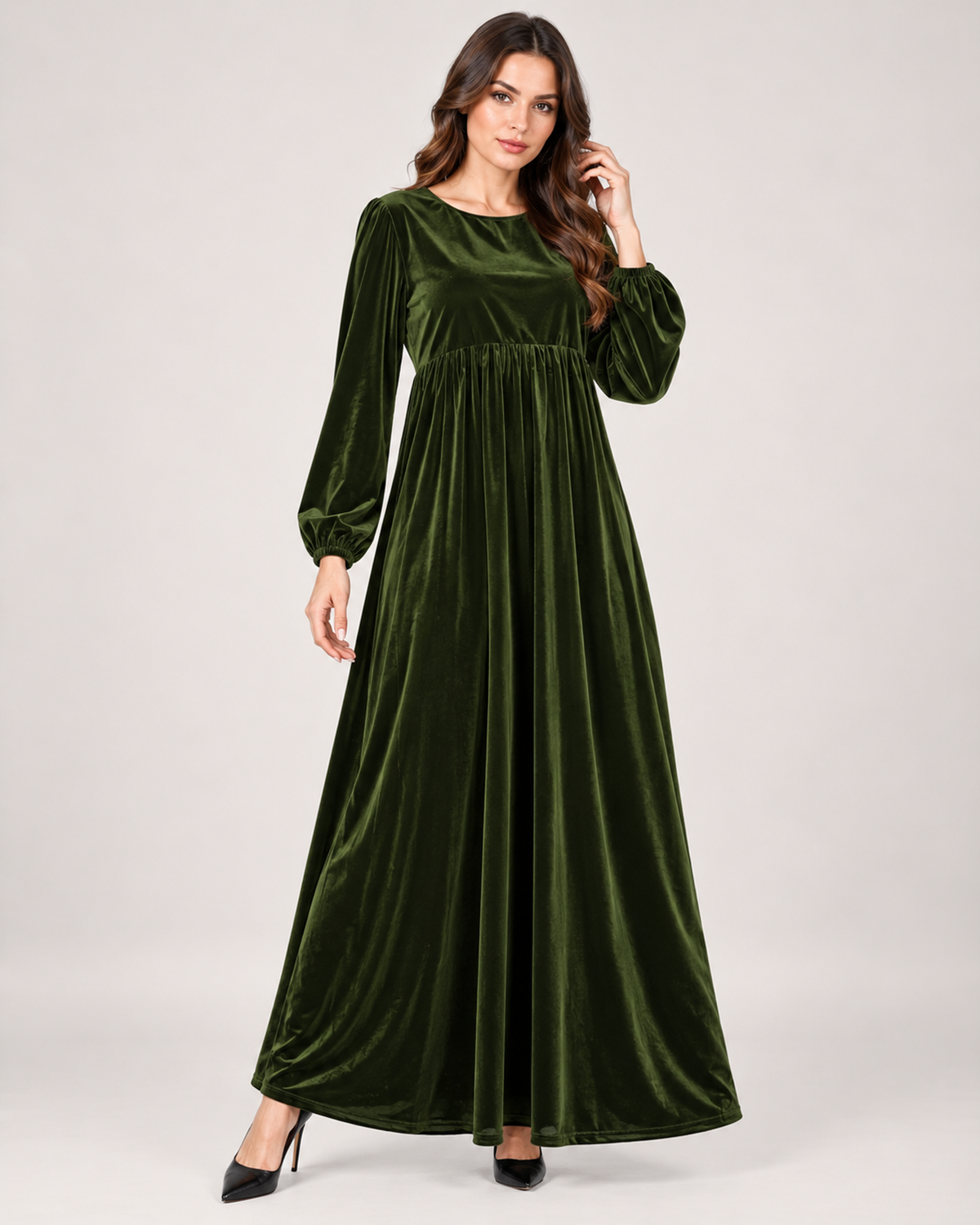 Women’s Velvet Maxi Dress with Draped Waist in Green, lower body product focus view