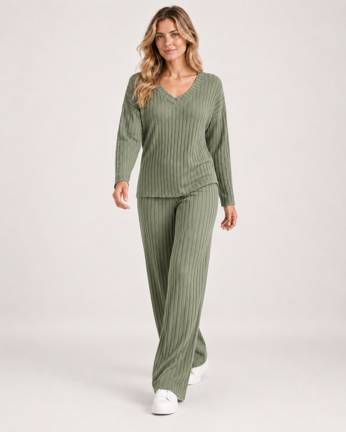 Women's Co-Ord Set with Ribbed V-Neck Top and Wide Leg Trousers green close variant view