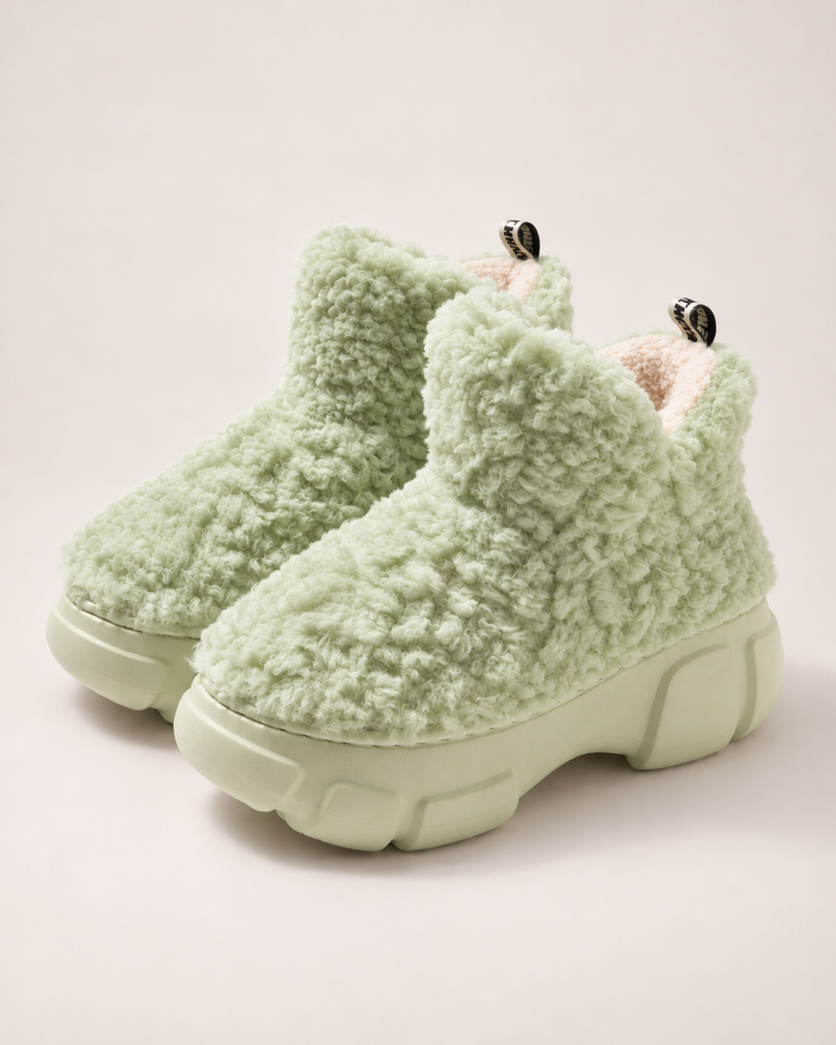 Women’s Snow Boots with Platform Sole and Fluffy Ankle Cuff in Green, product only view
