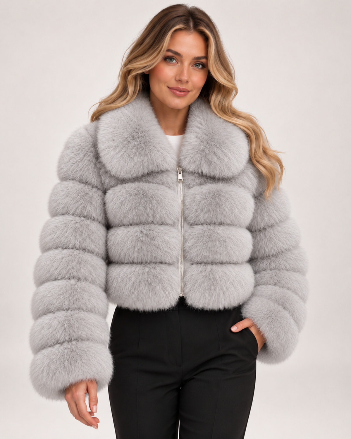 Women's Faux Fur Jacket with Cropped Shape and Wide Collar grey close variant view
