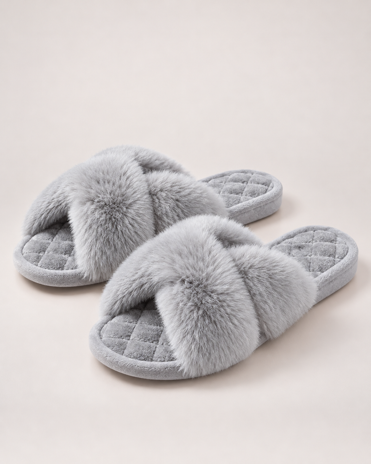 Women’s Fluffy Slippers with Cross Straps and Open Toe in Grey, product only view