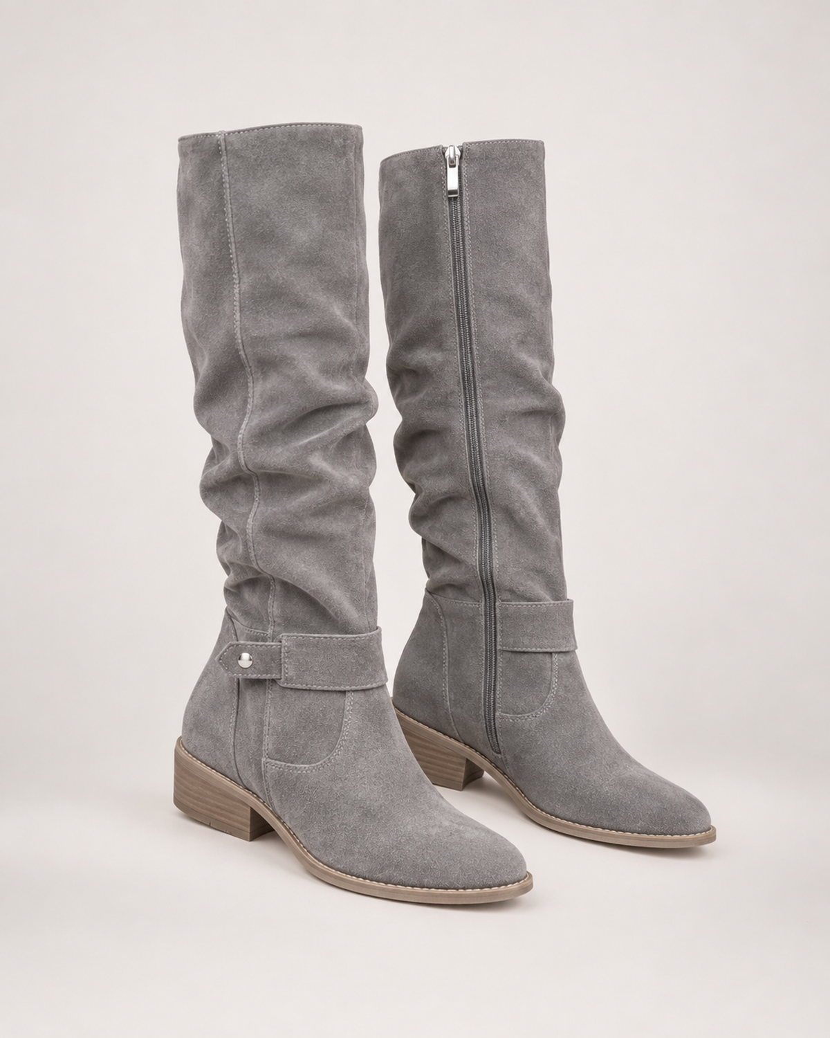 Women’s Knee High Boots with Low Heel and Side Zip in Grey, product only pair front three quarter view
