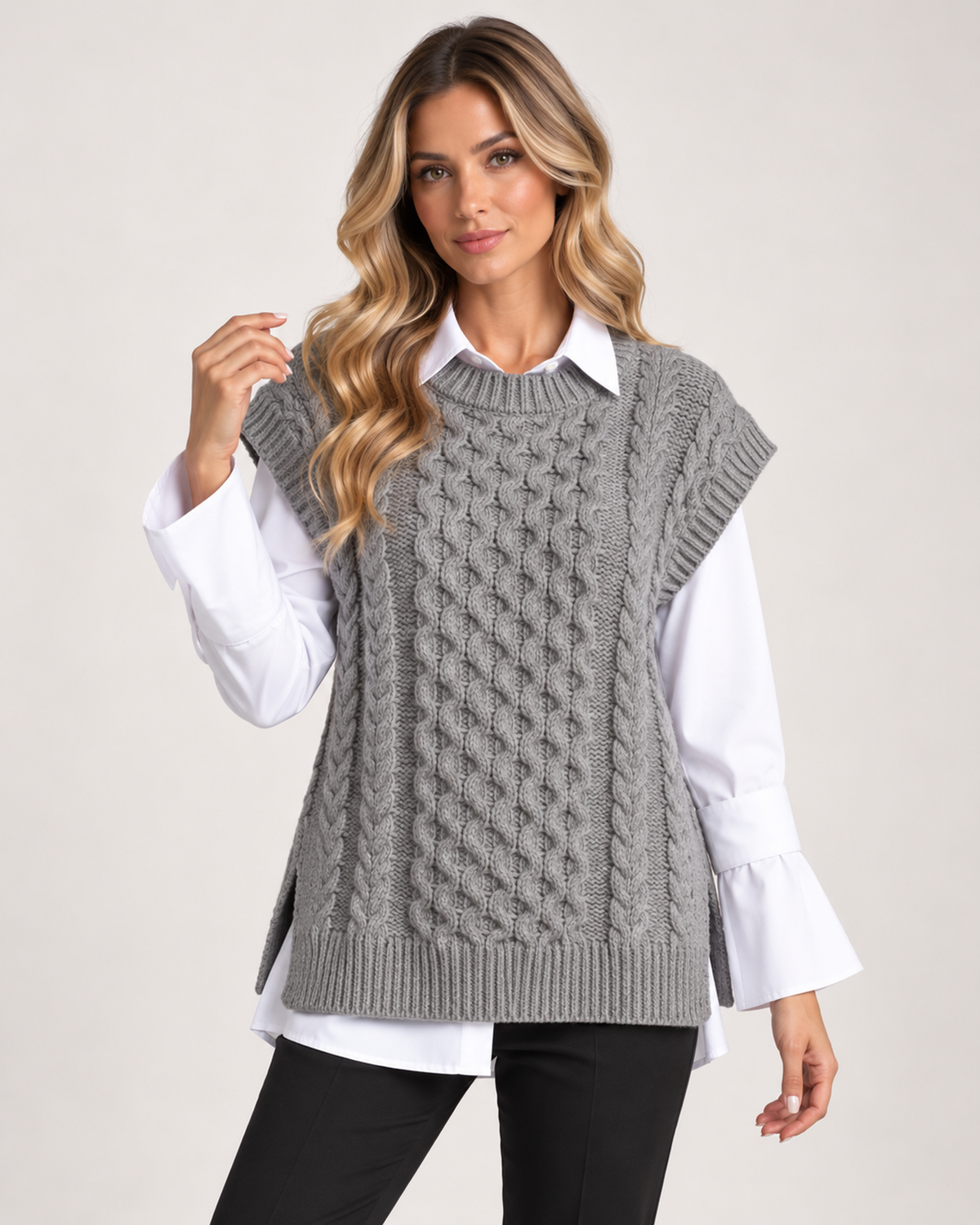 Women’s Knitted Vest with Longline Shape and Cable Detail in Grey, lower body product focus view