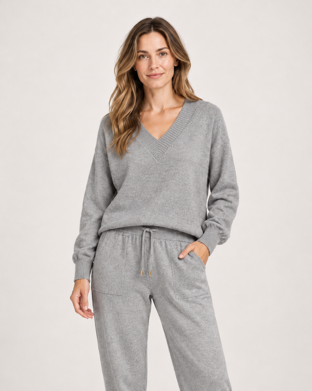 Women’s Loungewear Set with V-Neck Top and Joggers in Grey, full body view