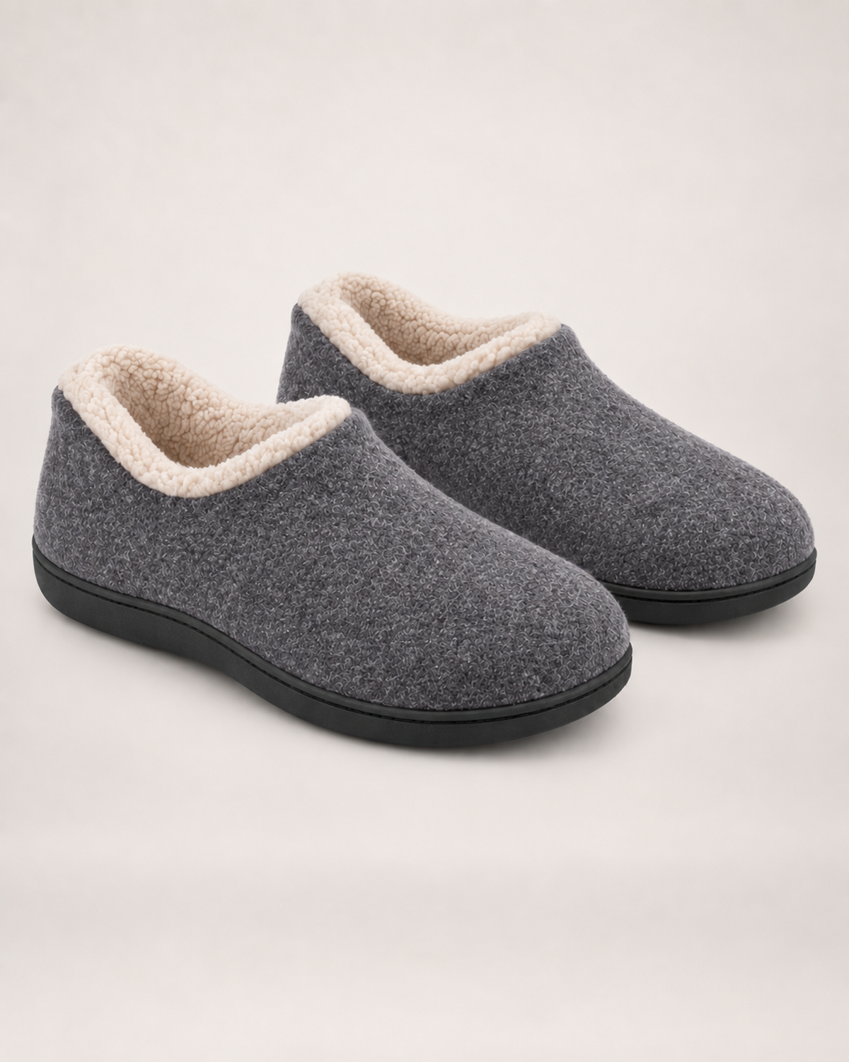 Women’s Full Slippers with Closed Back and Soft Collar in Grey, product only pair front three quarter view