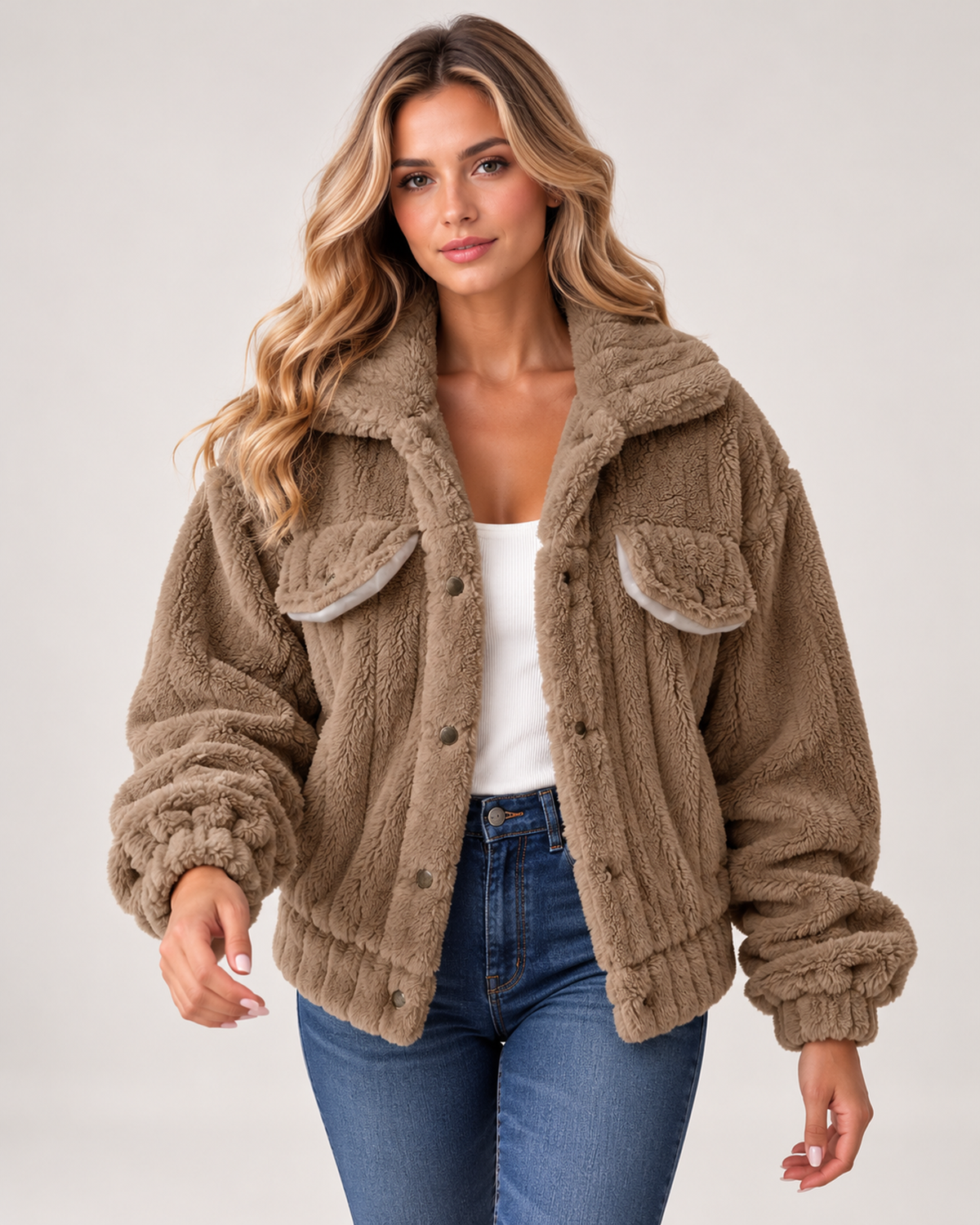Women's Borg Jacket with Collar and Chest Pockets khaki close variant view