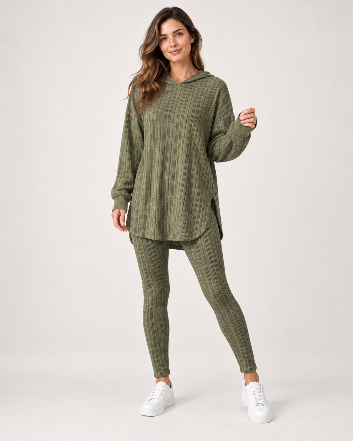 Women’s Loungewear Set with Hooded Longline Top and Leggings in Khaki, full body view