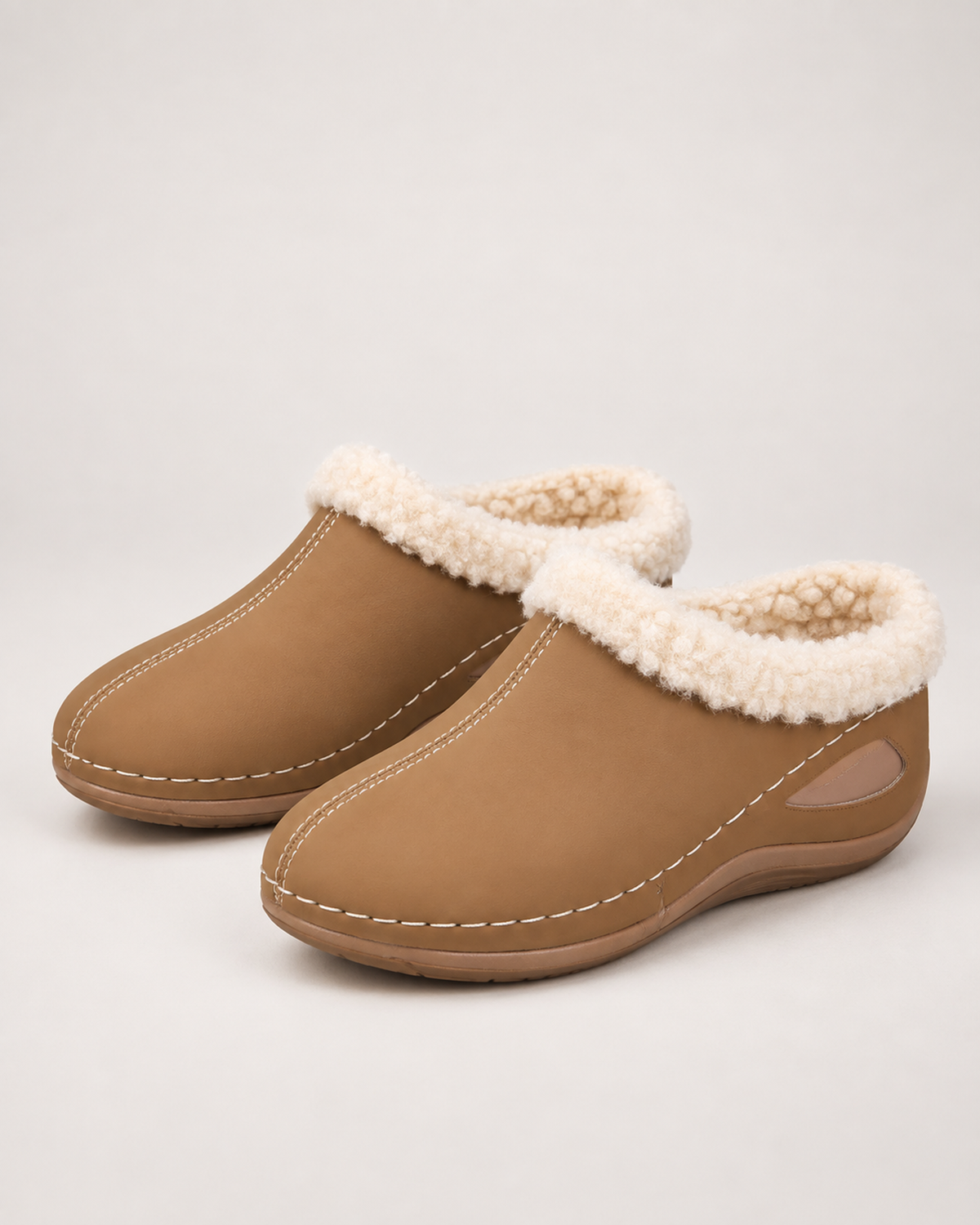 Women’s Slipper Clogs with Plush Lining and Wedge Sole in Light Brown, product only pair front three quarter view