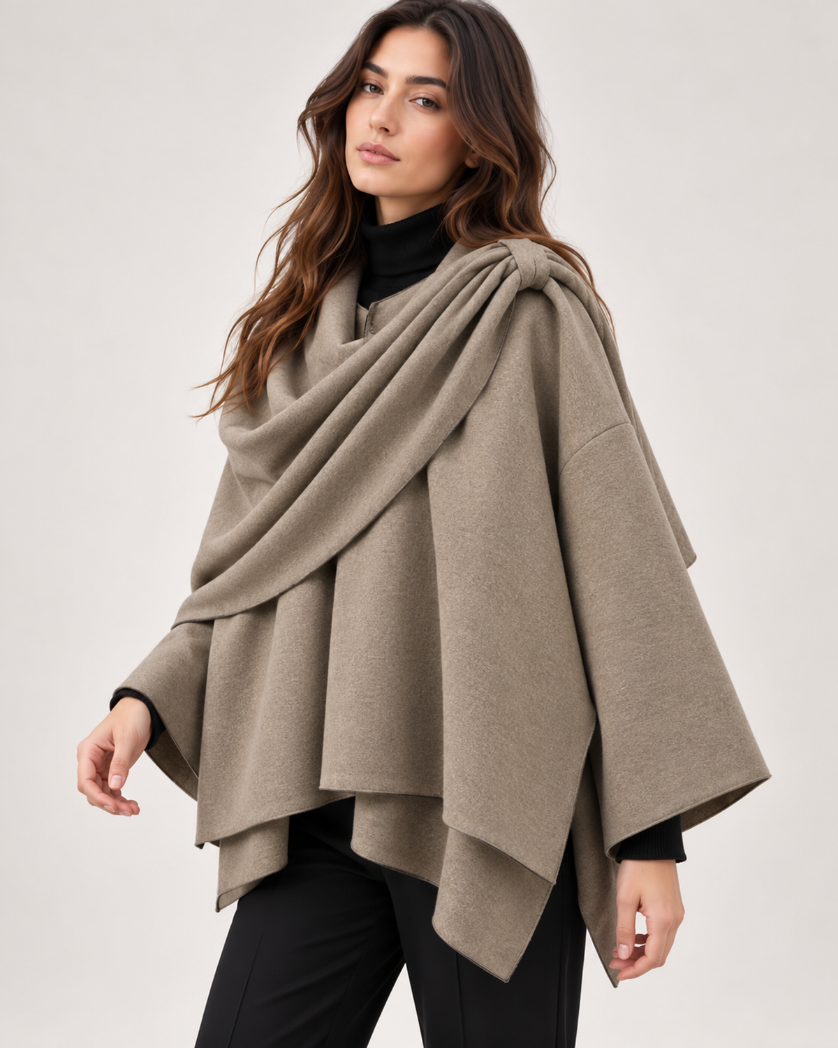 Women's light khaki asymmetric scarf cape coat close variant view