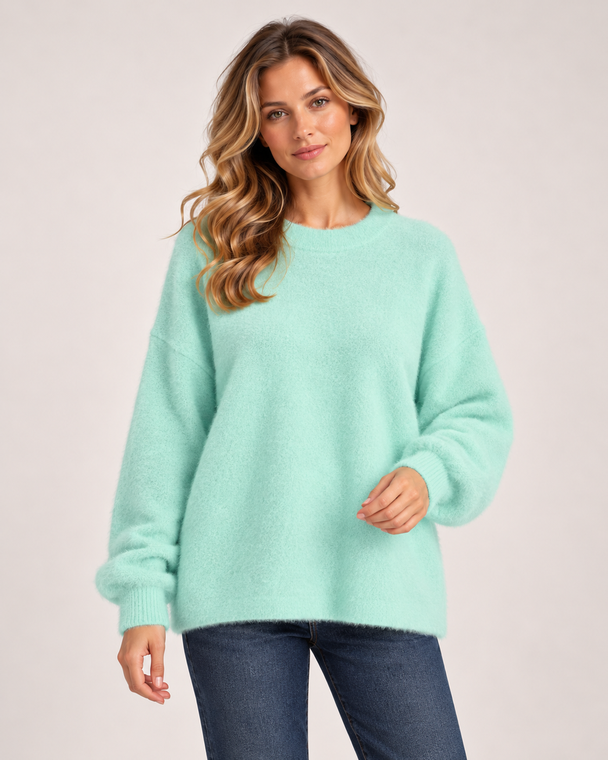 Women’s Fluffy Jumper with Crew Neck in Mint Green, upper body product focus view