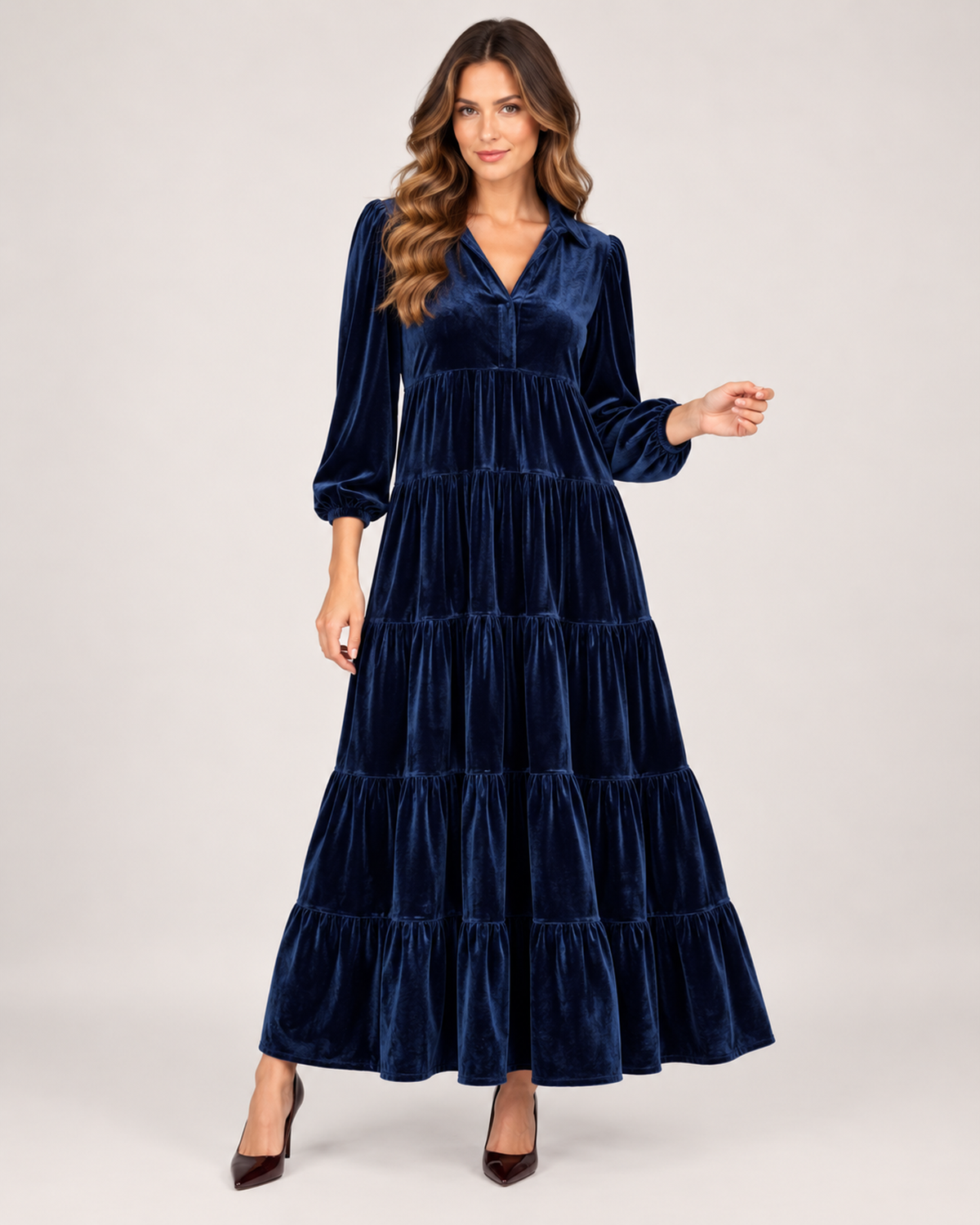 Women’s Velvet Maxi Dress with Collar and Tiered Skirt in Navy Blue, lower body product focus view