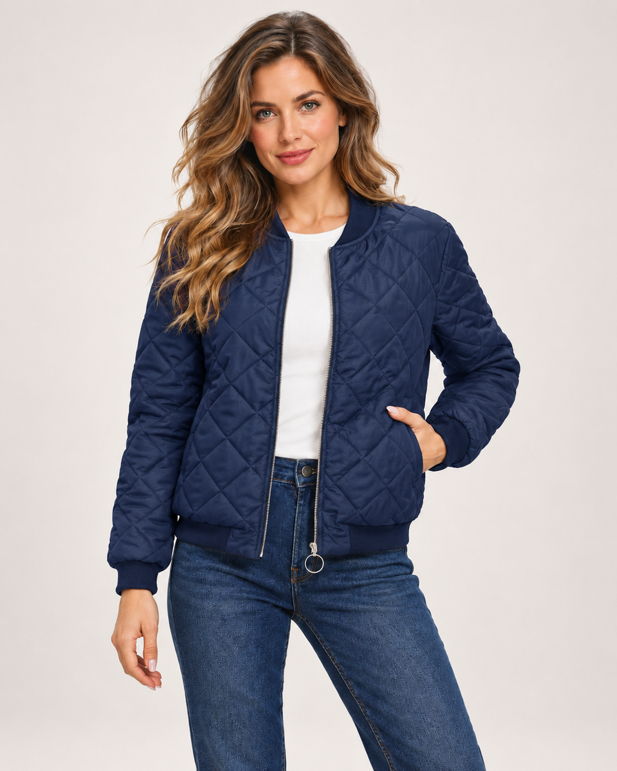 Women's Quilted Jacket with Stand Collar navy blue close variant view