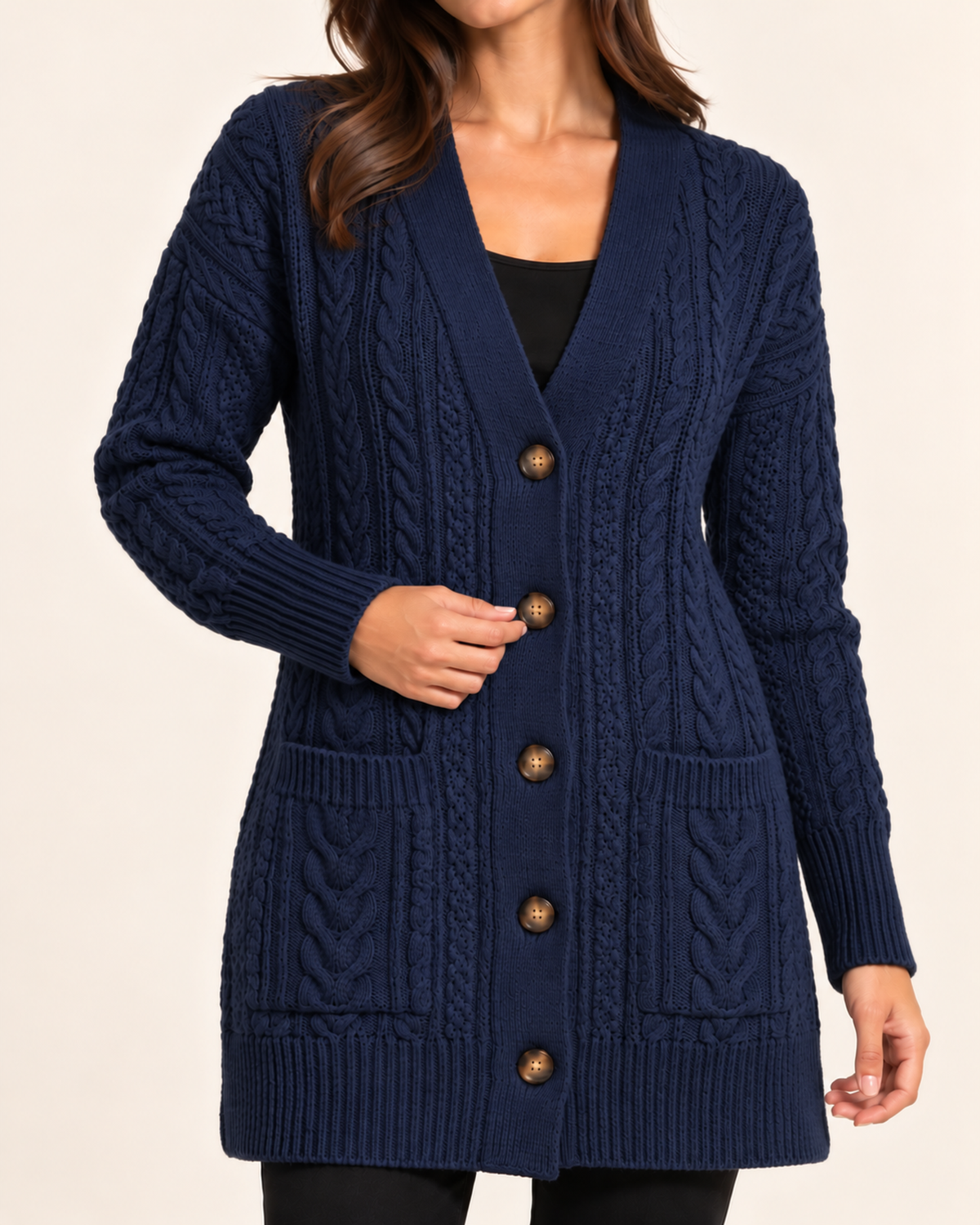 Women's navy blue cable knit button front coatigan close variant view