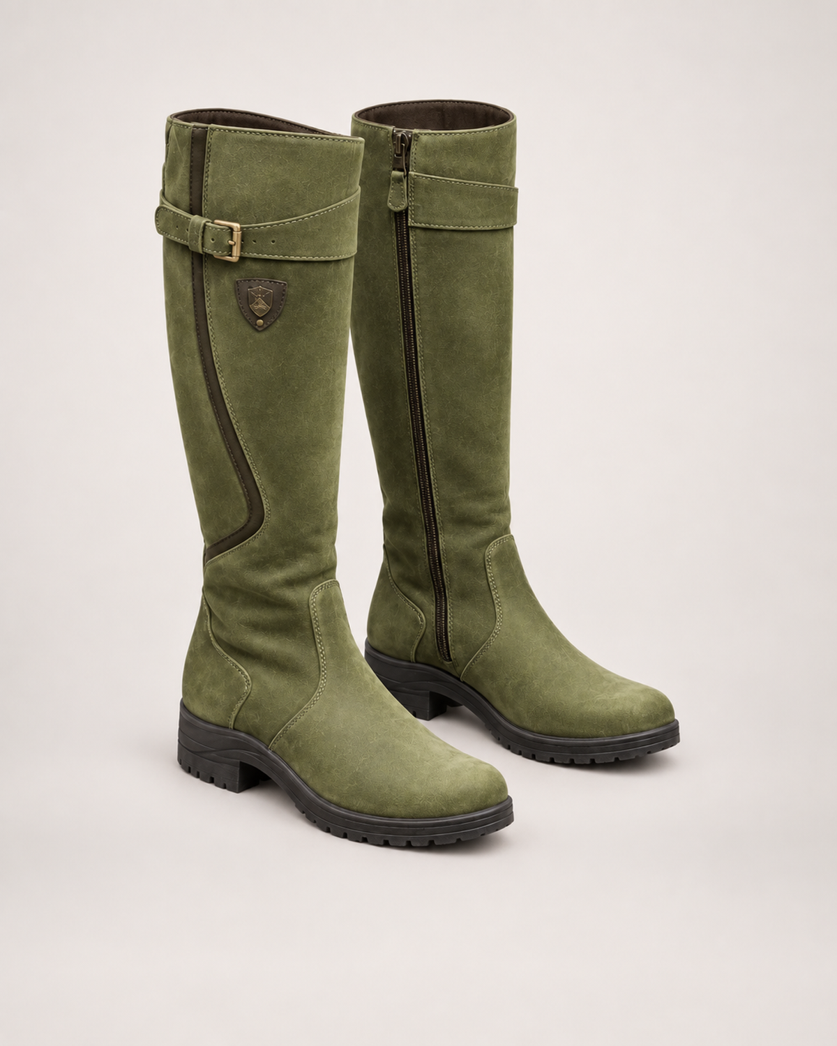 Women’s Riding Boots with Buckle Detail and Low Heel in Olive Green, product only pair front three quarter view