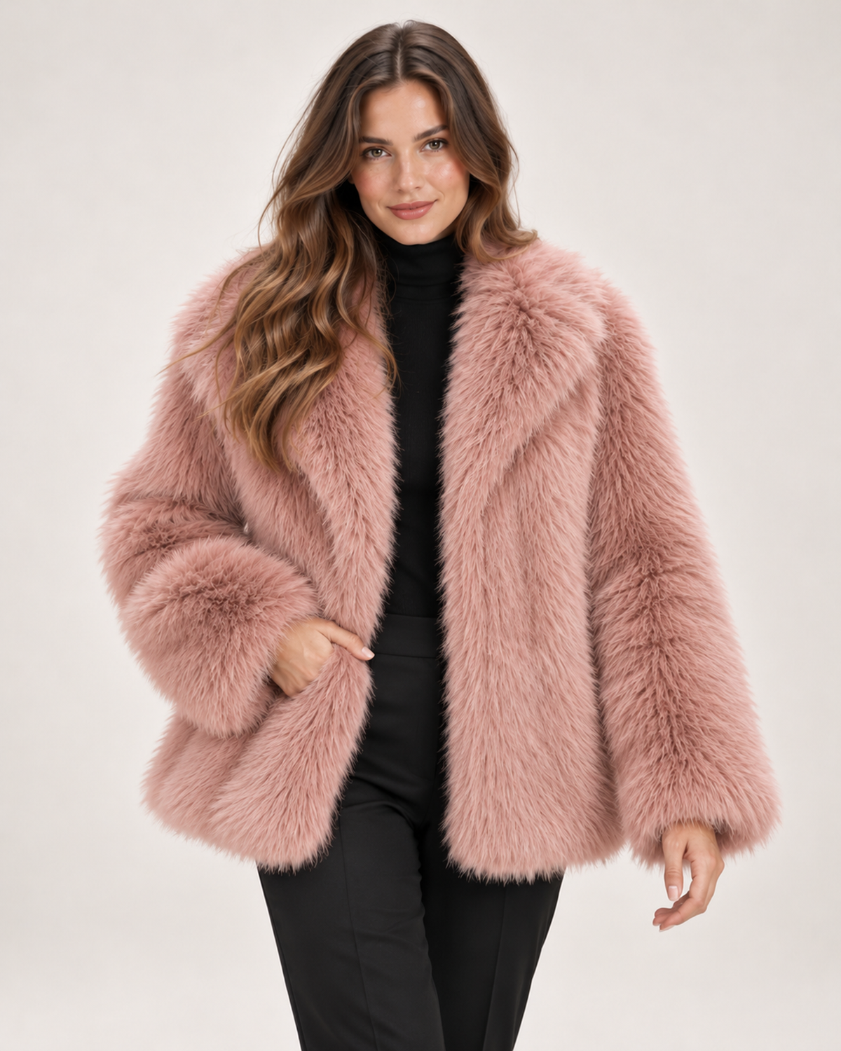 Women's Faux Fur Jacket with Wide Collar pink close variant view