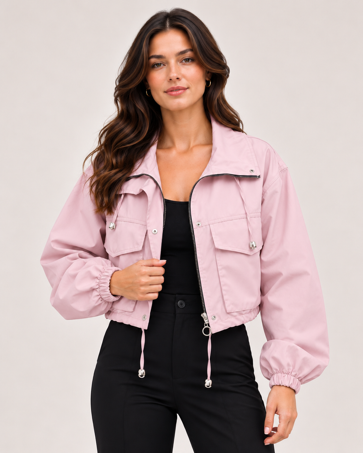 Women's Cropped Utility Jacket with Stand Collar and Chest Pockets pink close variant view