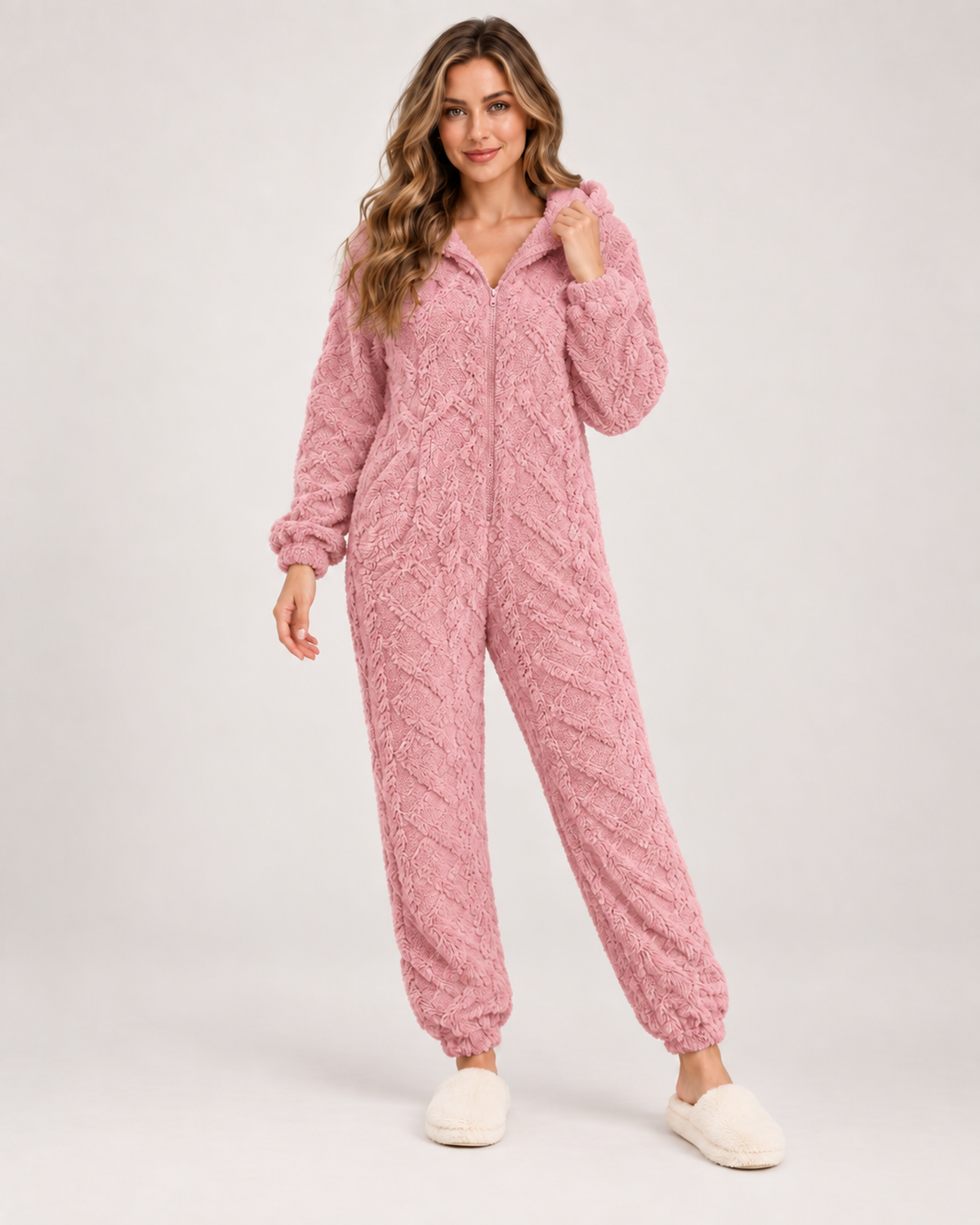 Women’s Fleece Pyjamas with Hood and Zip Front in Pink, full body view