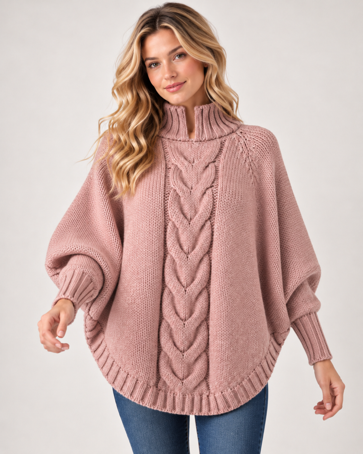 Women's Cable Knit Jumper with High Neck and Batwing Sleeves pink close variant view