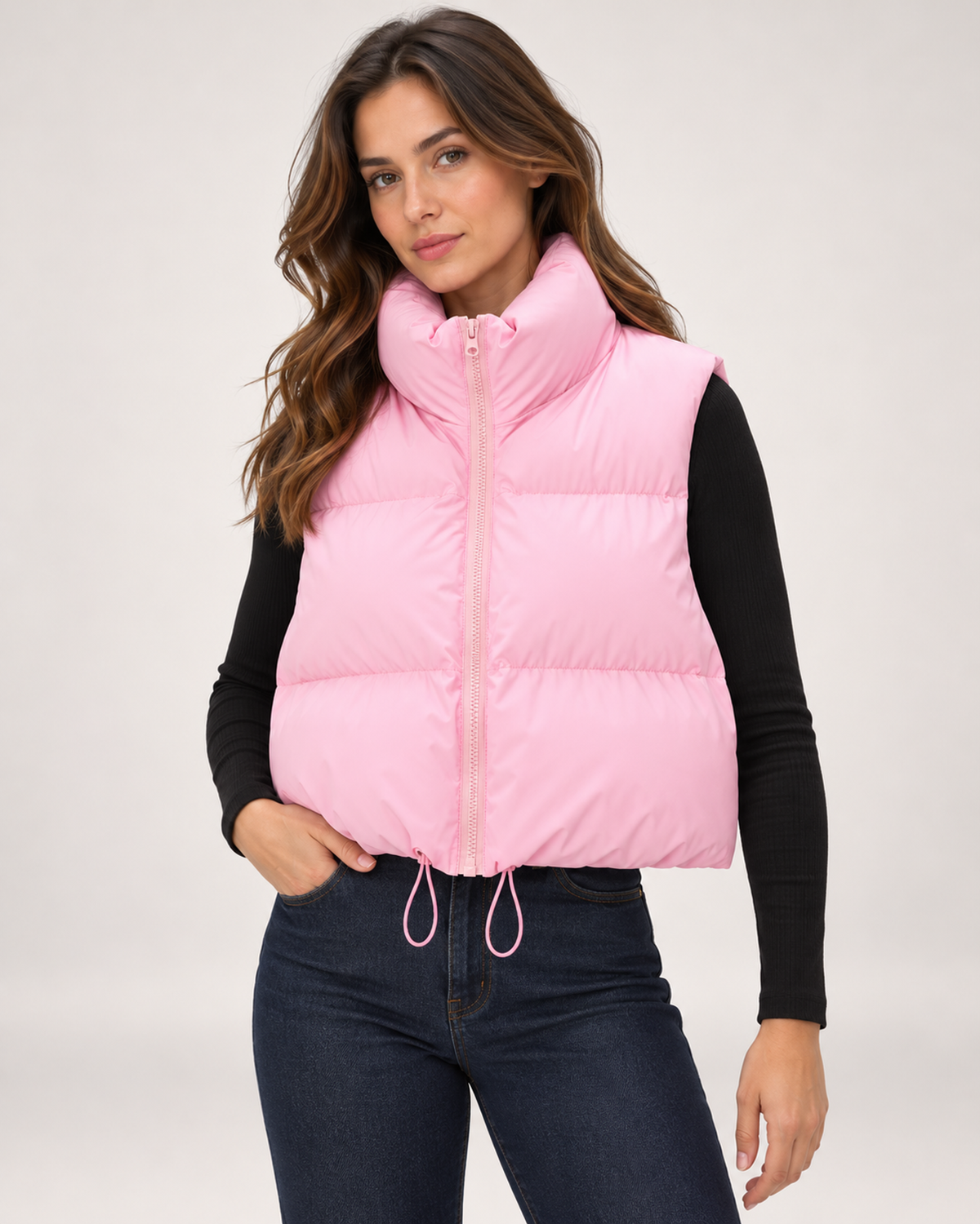 Women's pink cropped puffer gilet close variant view