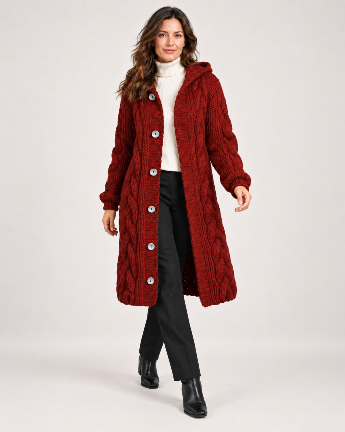 Women's Longline Cardigan with Cable Knit and Hood red close variant view