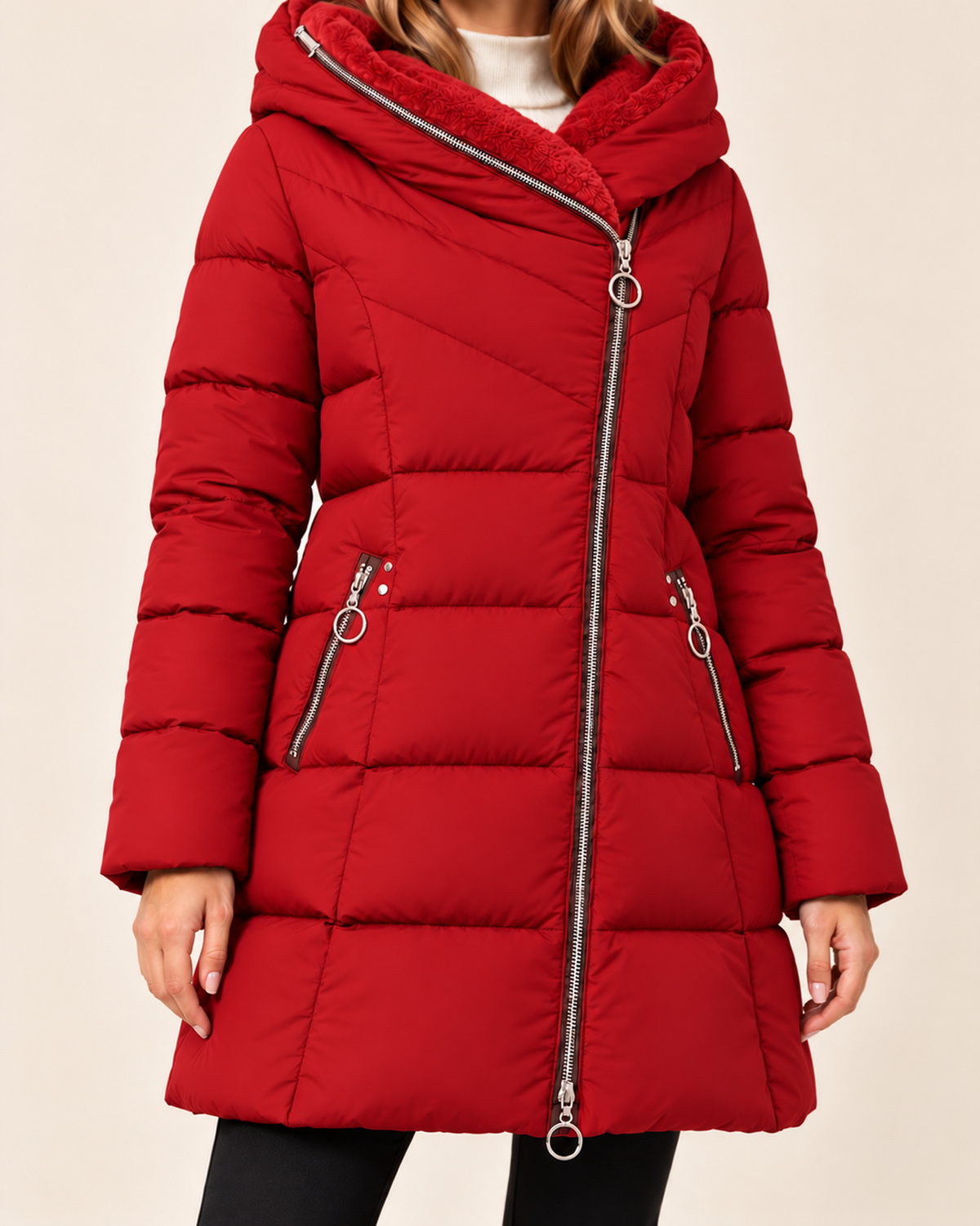 Women's red long puffer jacket with asymmetric zip close variant view