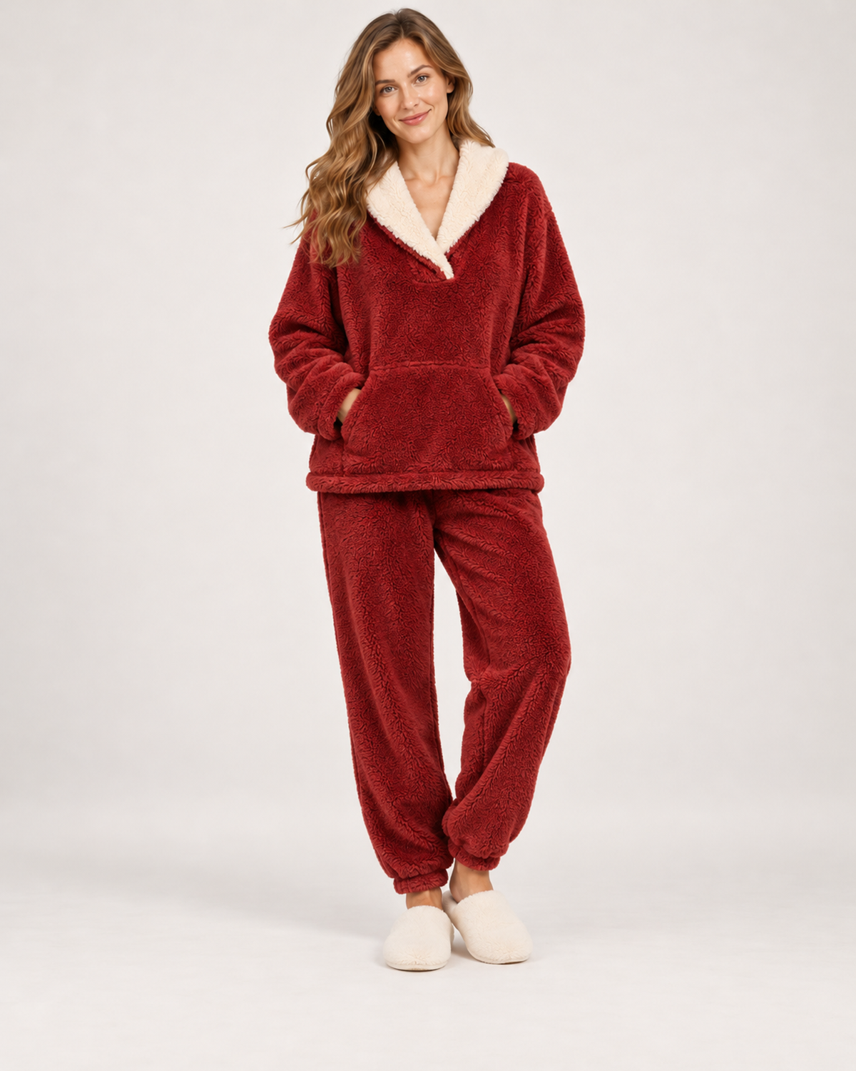 Women’s Fleece Pyjamas with Contrast Collar in Red, full body view