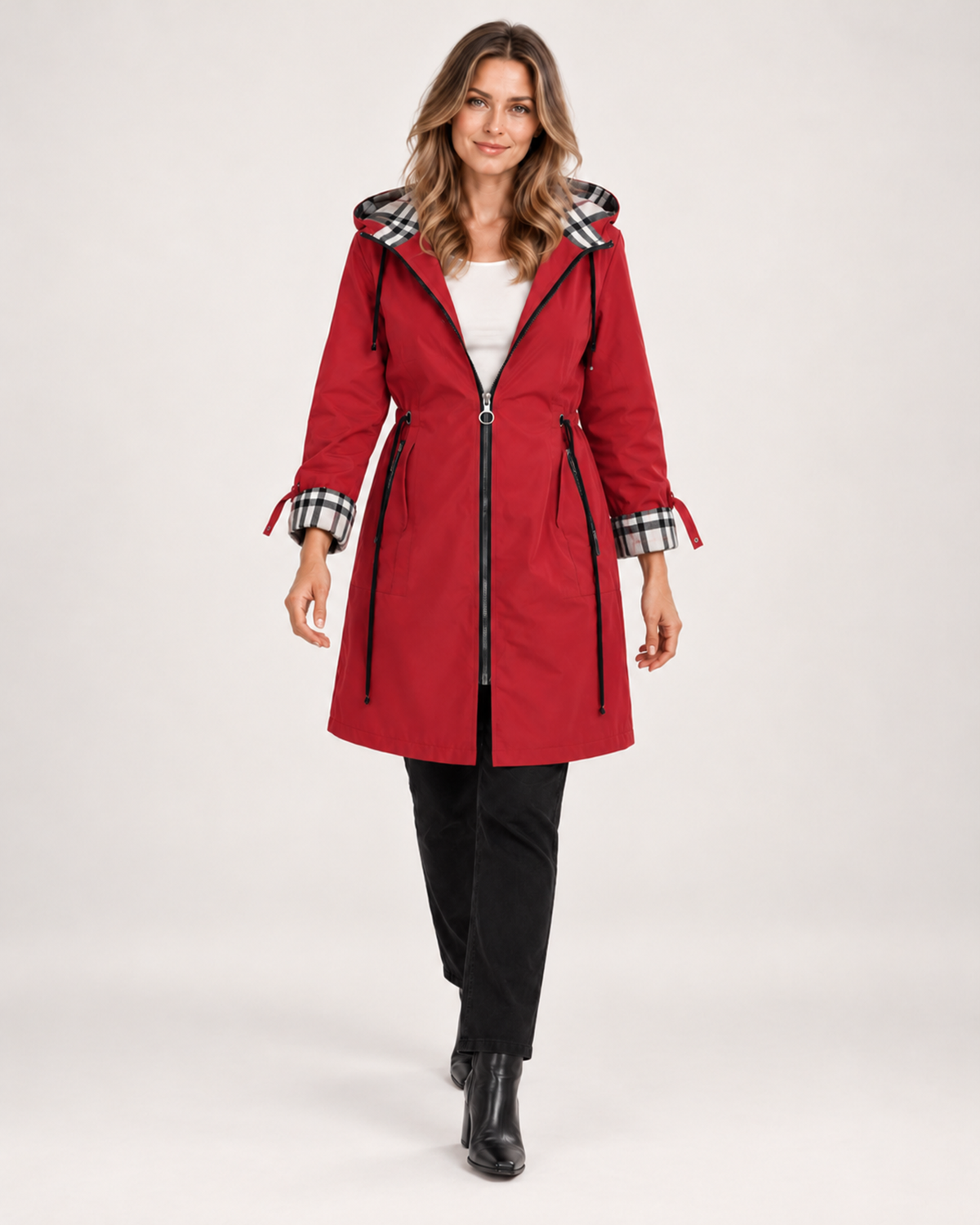 Women's Raincoat with Hood, Checked Trim and Belt red close variant view