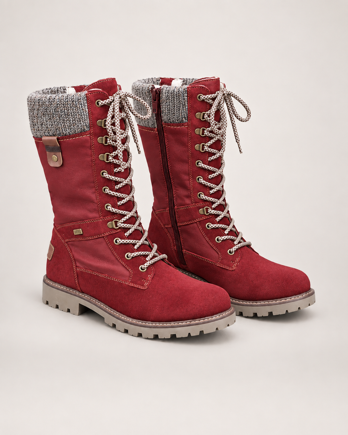 Women’s Lace Up Boots with Knitted Cuff in Red, product only pair front three quarter view