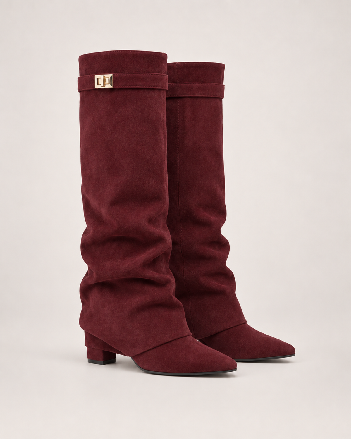 Women’s Knee High Boots with Pointed Toe and Metal Buckle in Red, product only pair front three quarter view