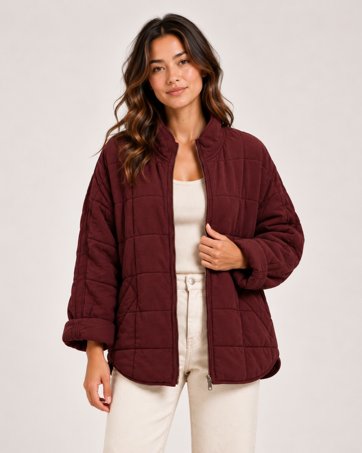 Women's burgundy quilted zip up jacket