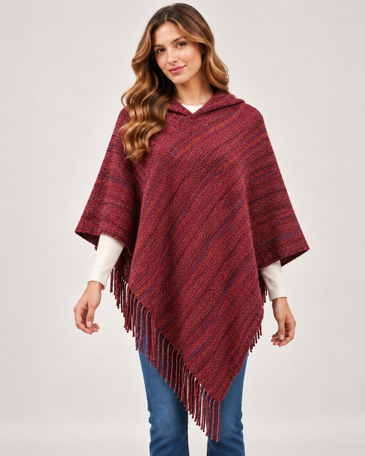Women's burgundy striped hooded poncho
