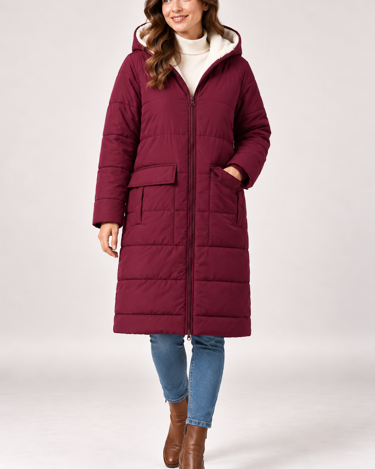 Women's long hooded puffer coat in burgundy