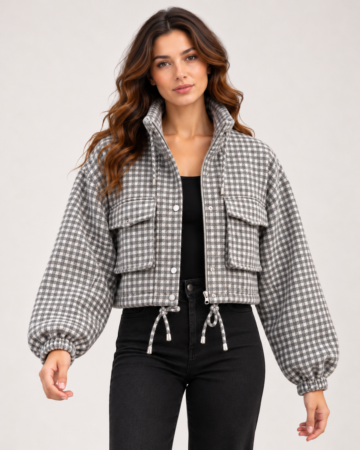 Women's grey checked cropped jacket