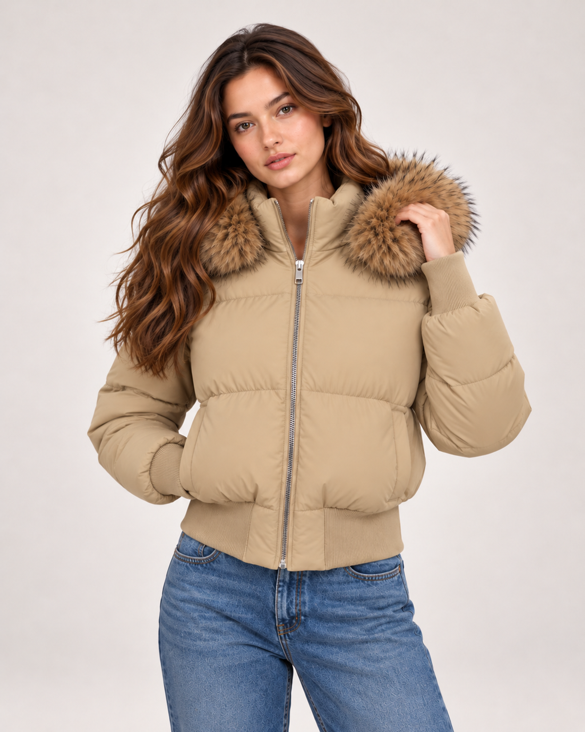Women's khaki cropped puffer jacket with faux fur hood trim