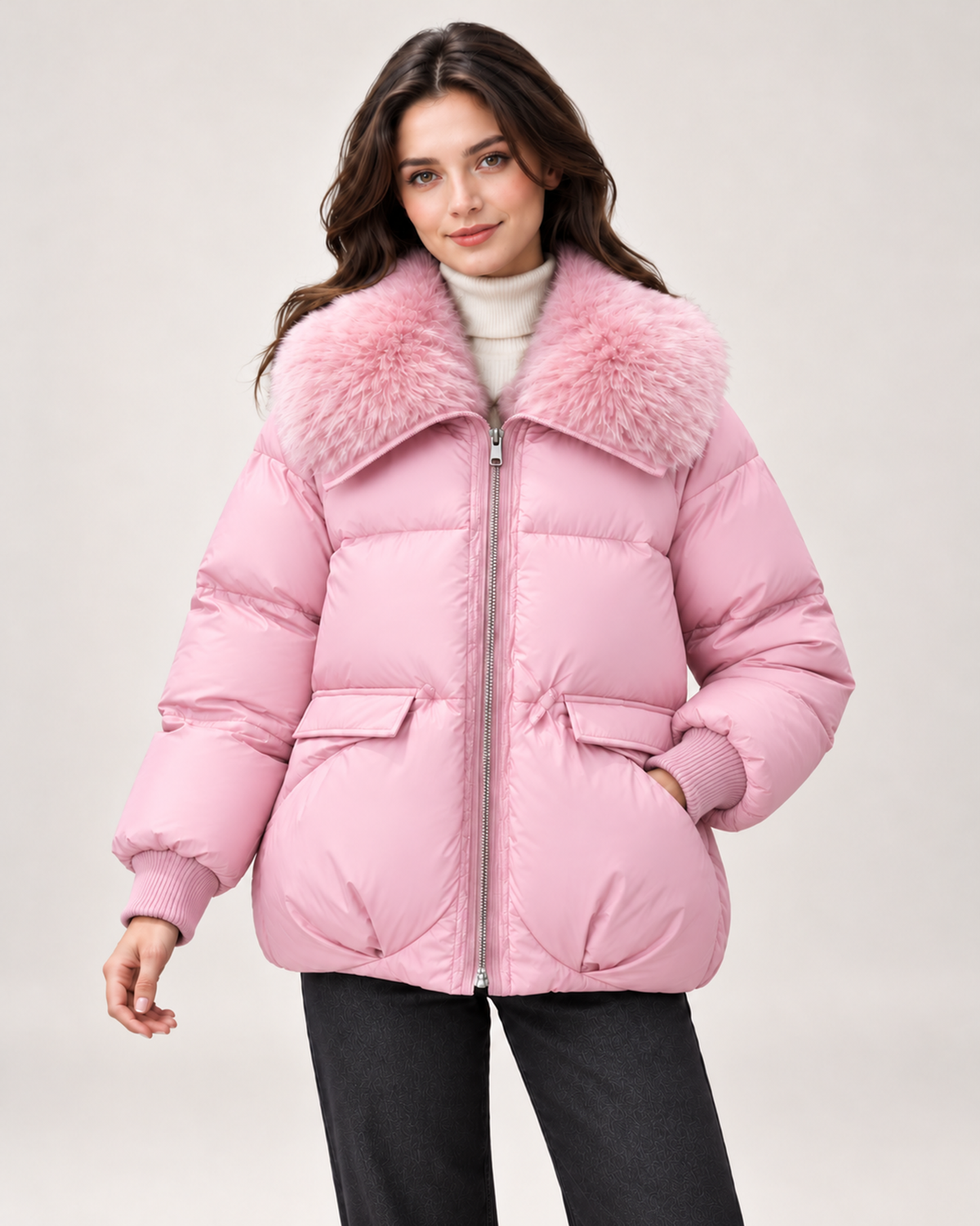 Women’s pink puffer jacket with faux fur collar