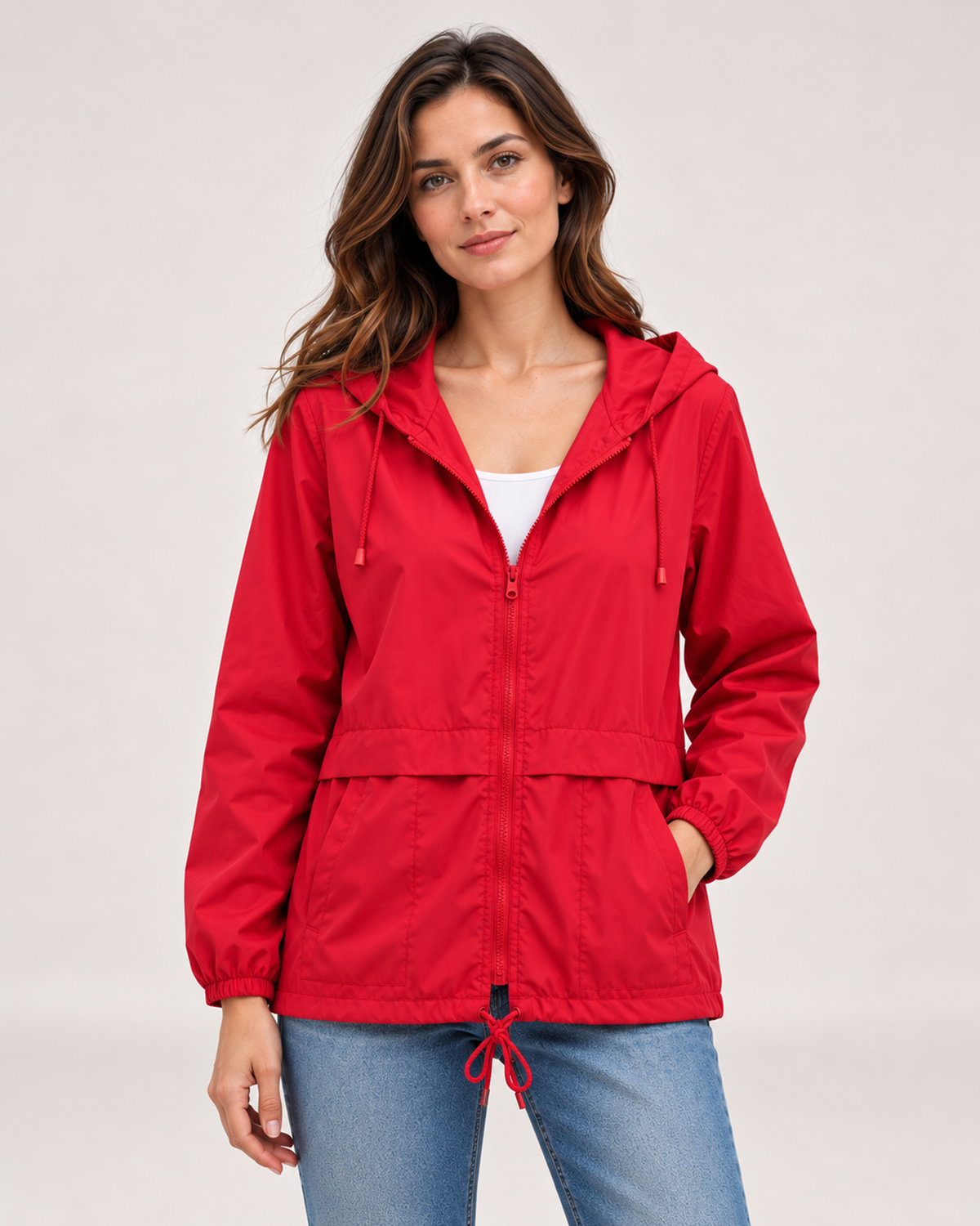 Women's red lightweight hooded utility jacket