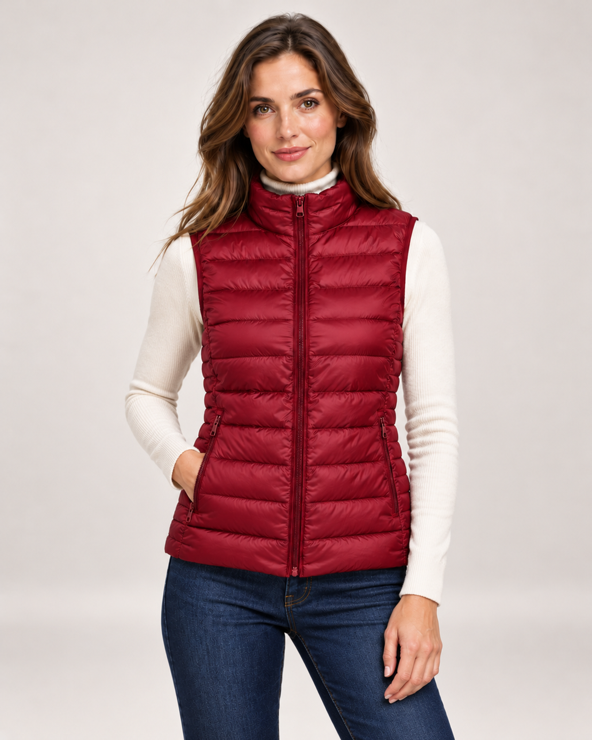 Women's red lightweight gilet with stand collar