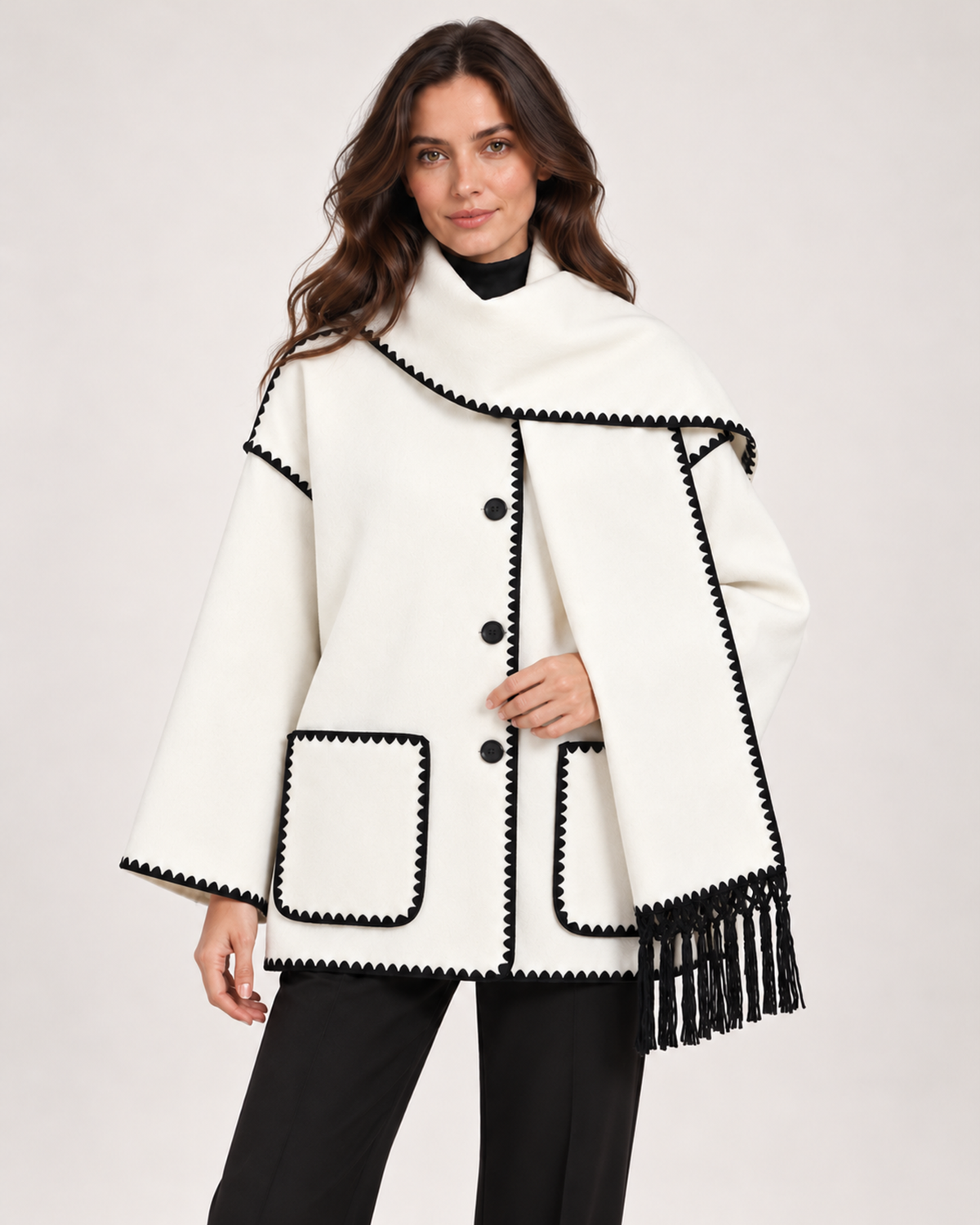 Women's white cape coat with scarf collar