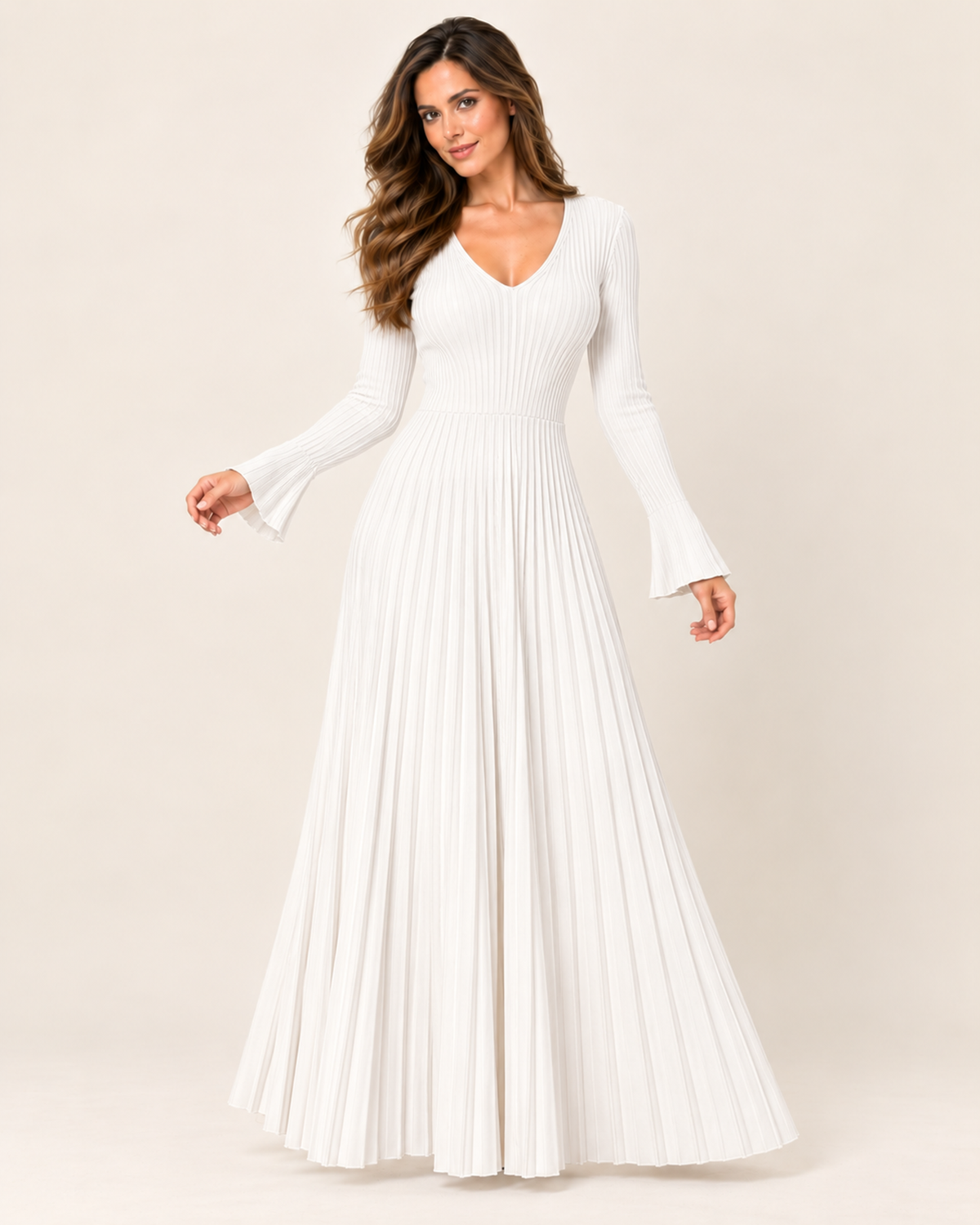 Women’s Knitted Dress with V Neck and Pleated Maxi Skirt in White, lower body product focus view