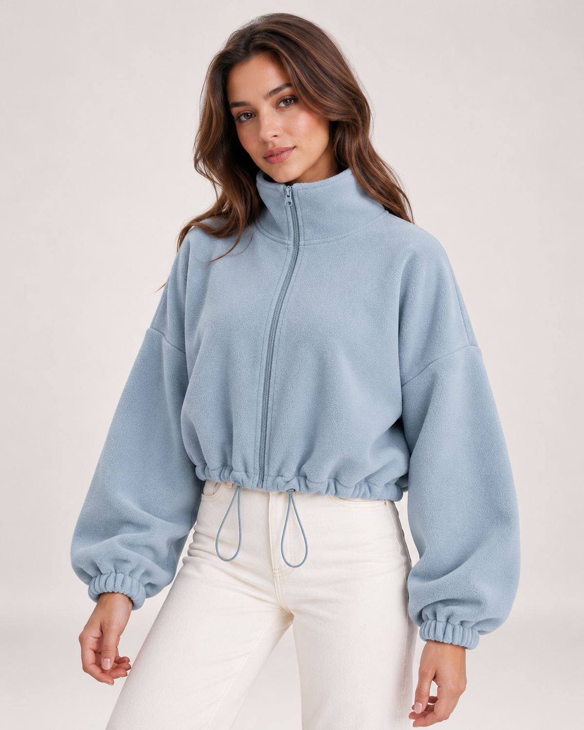 Women’s light blue fleece jacket close three quarter view