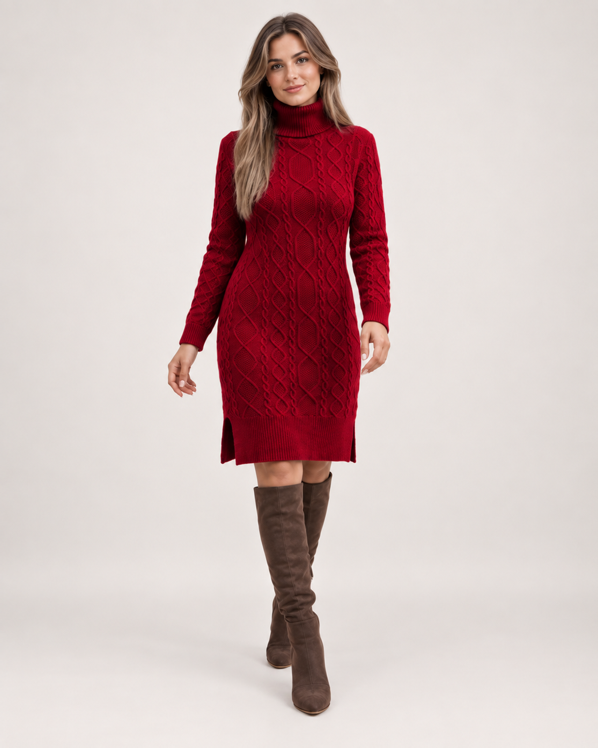 Women’s red cable knit jumper dress full body walking view