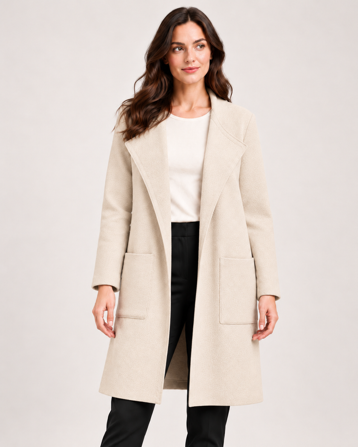Women's Coatigan with Lapel Collar and Pockets beige close variant view