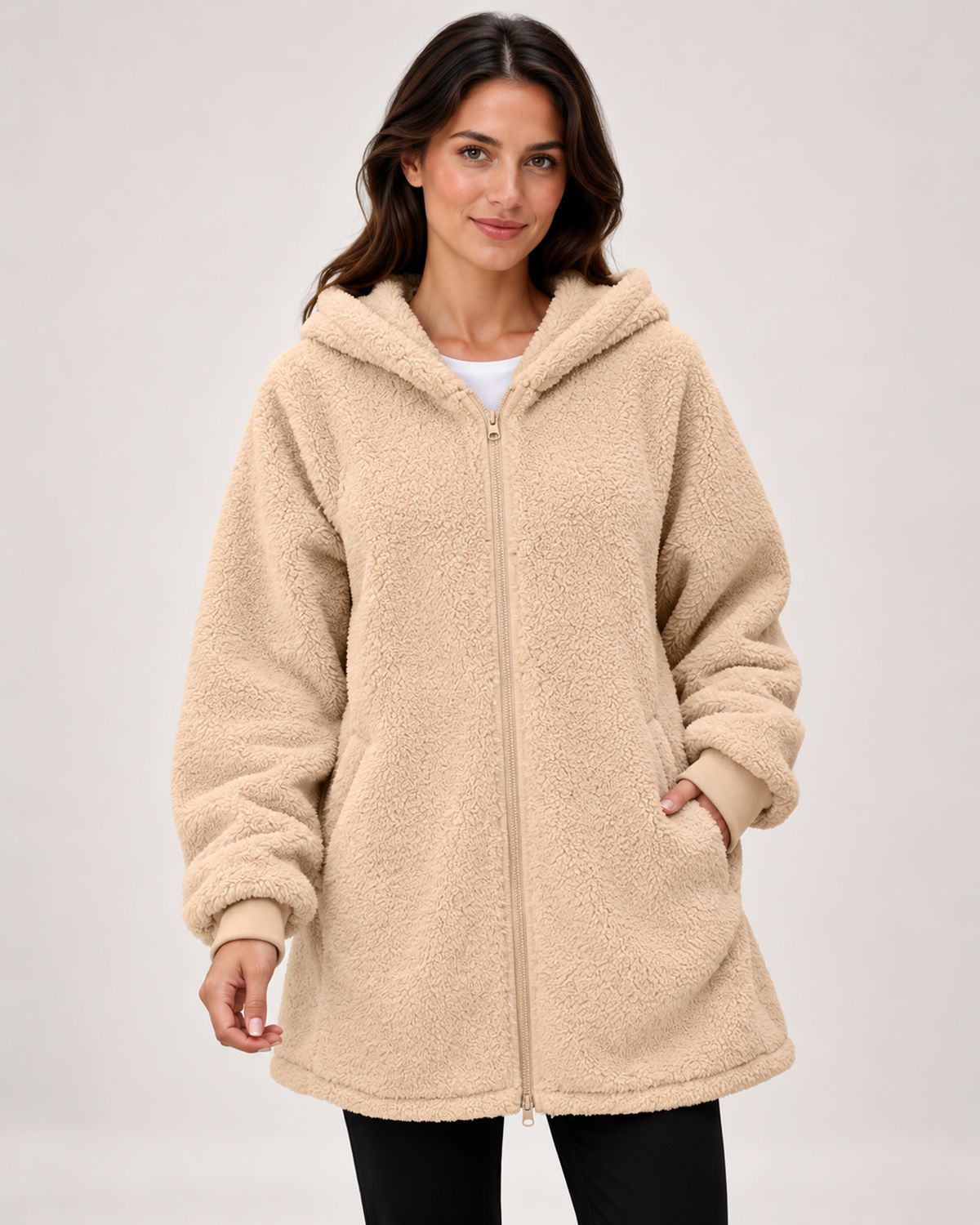 Women's beige fleece hooded jacket close variant view