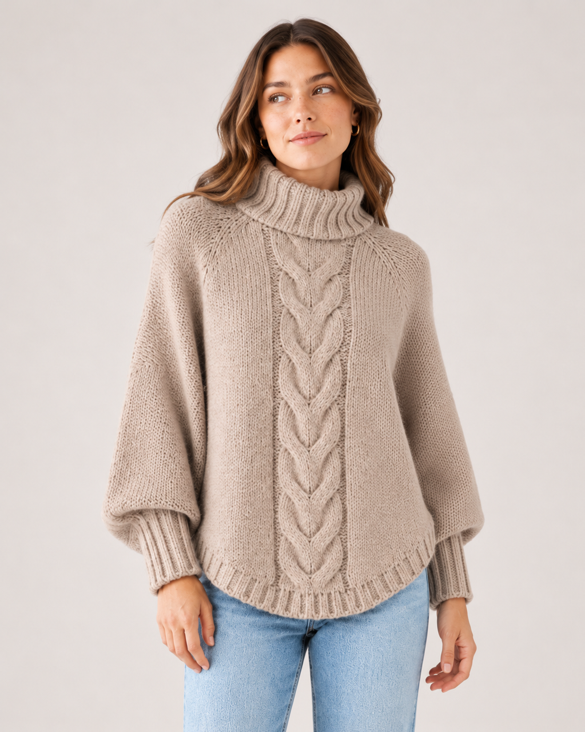 Women's Cable Knit Jumper Chunky Roll Neck Style beige close variant view