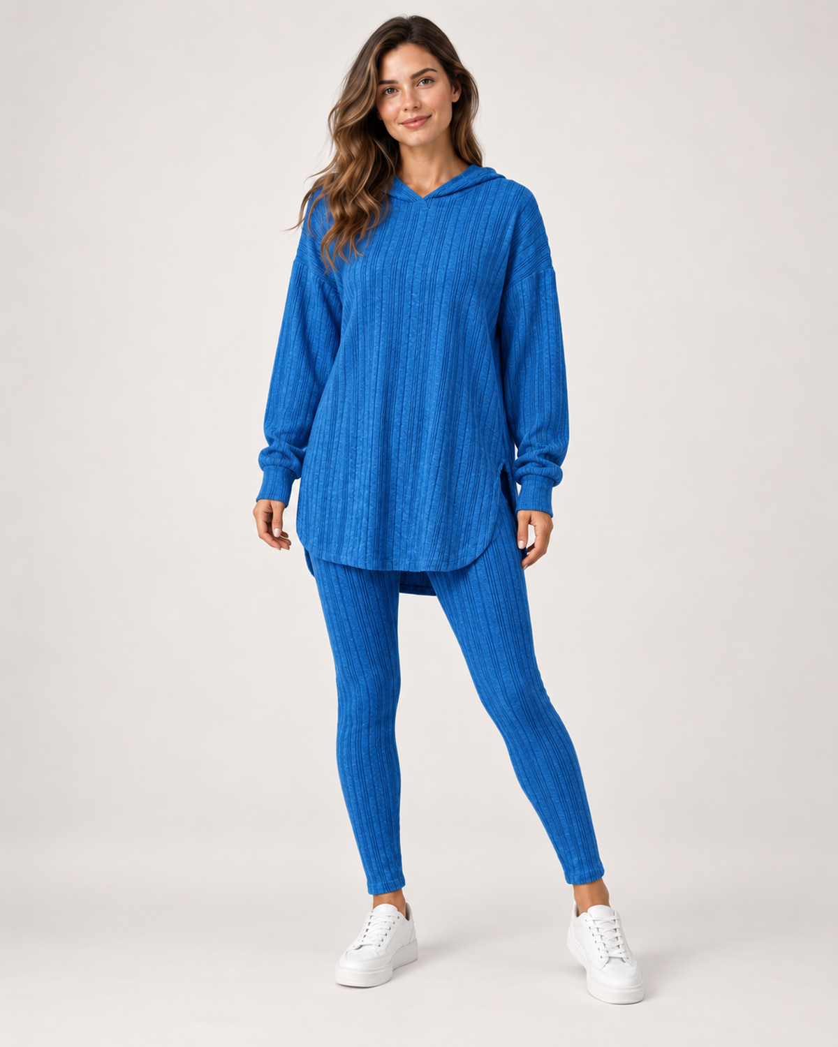 Women’s Loungewear Set with Hooded Longline Top and Leggings in Blue, full body view